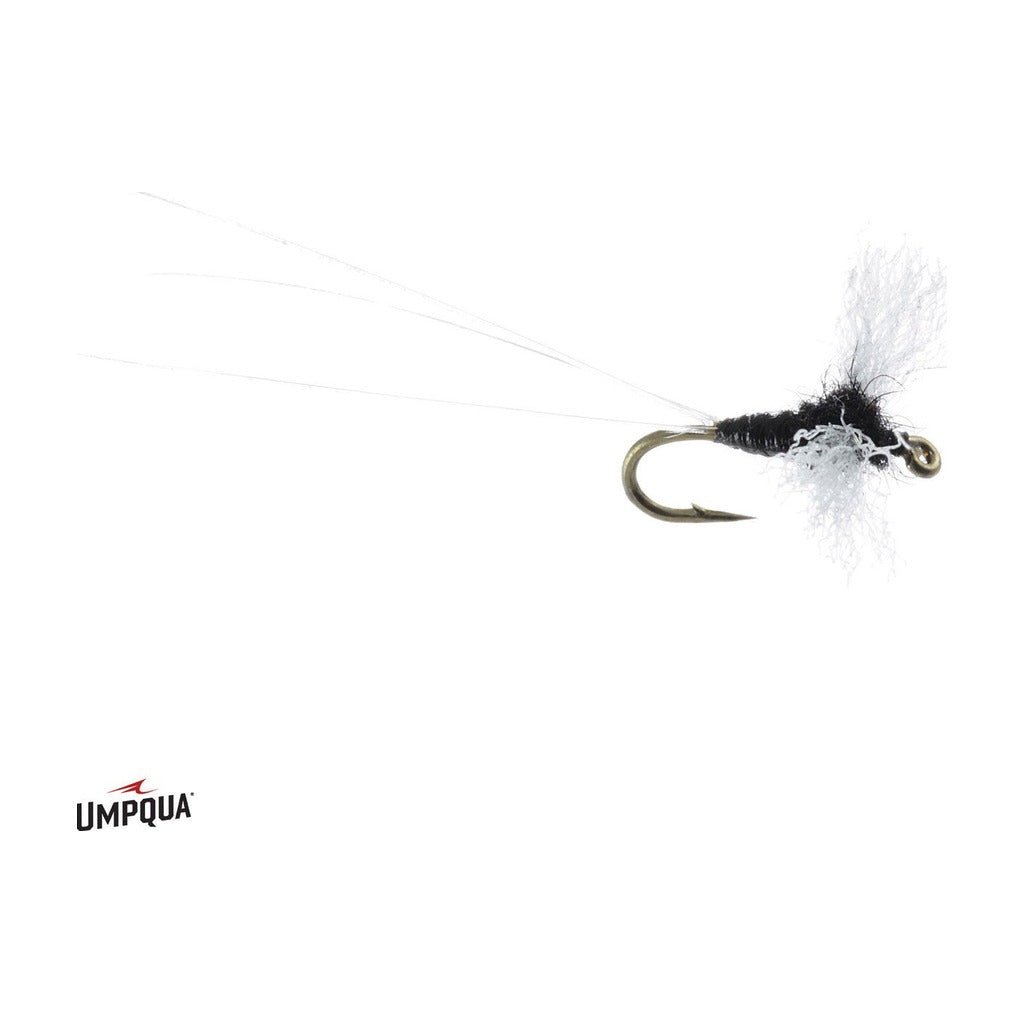 A male Trico Spinner tied on a fine dry-fly hook — black thread body, spent white poly wing, three long pale tails (photo: Umpqua)