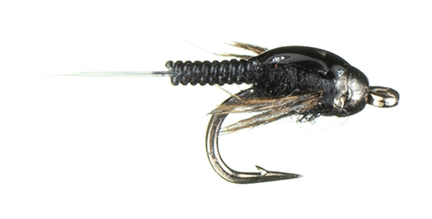 A Clear Choice Trico — a black bead-head Trico nymph, the subsurface stage worth carrying for the hour before the spinners fall