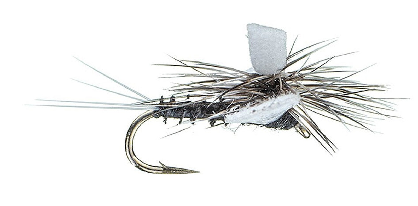 An Indicator Spinner Trico — black segmented body, grizzly hackle and a white foam post that lets you track a #22 fly on glassy water (photo: Colorado Fly Supply)