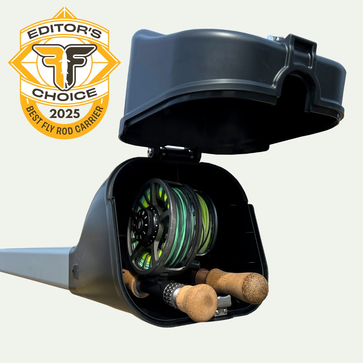 Trxstle CRC Euro rooftop fly rod carrier — reel-up vault holding rigged fly rods
