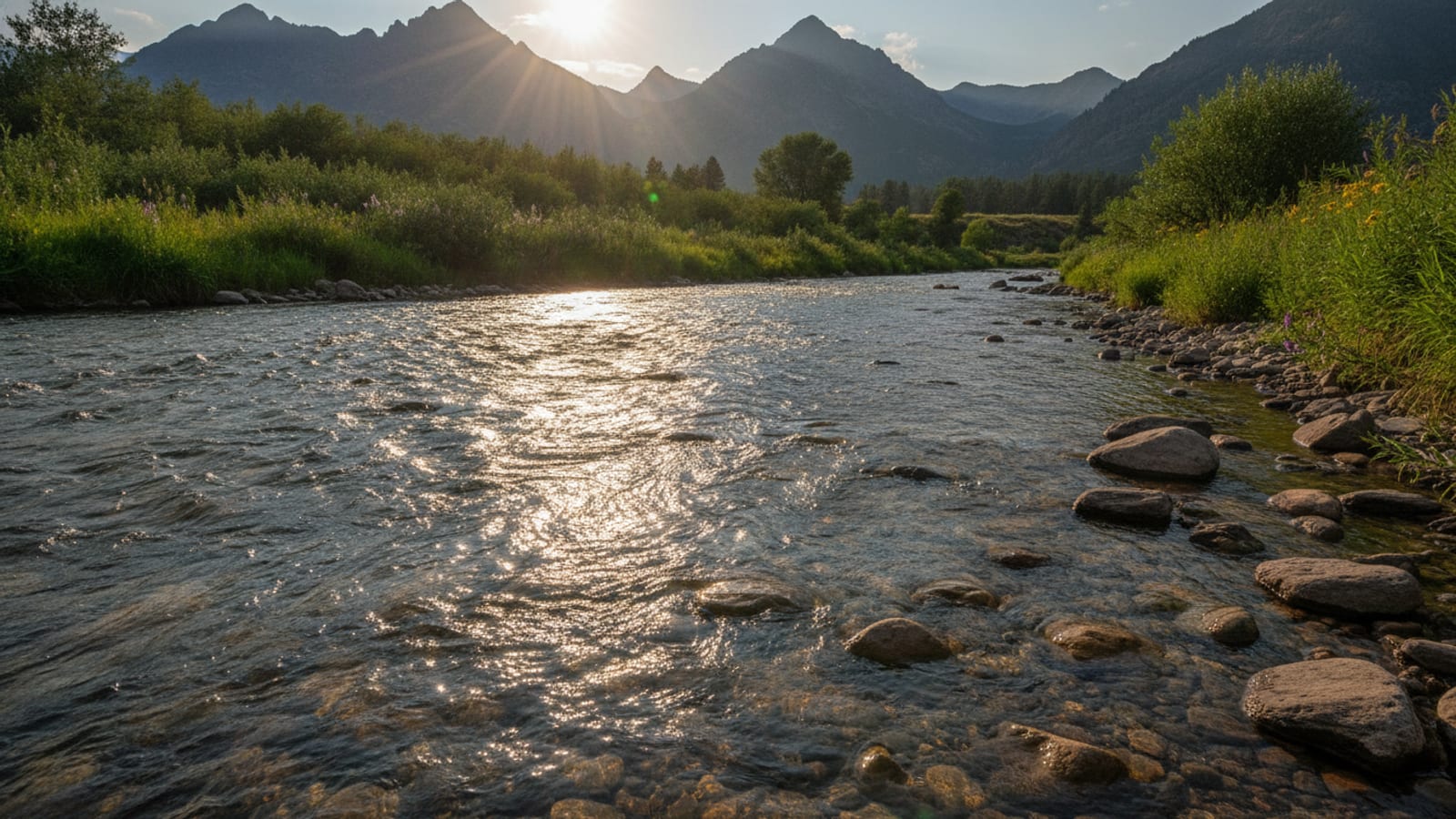 A bright warm summer riffle, inviting wet-wading water