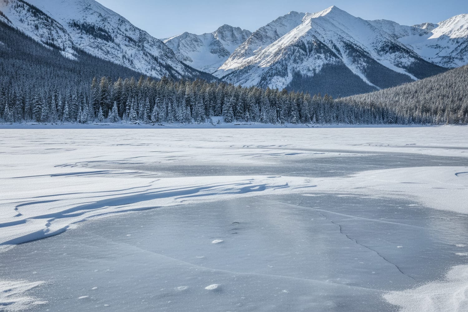 A frozen Colorado high-country reservoir in winter, wind-swept snow over thick ice, distant snowy pines and peaks