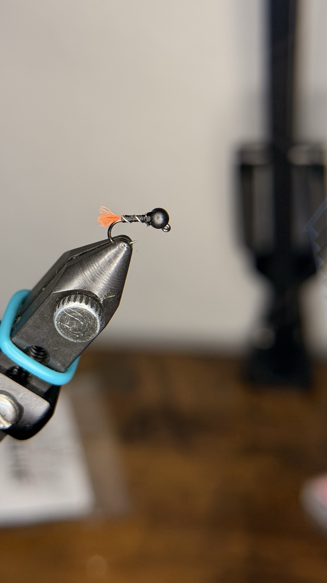 Renato's Zebra Midge Torch — black tungsten bead, slim dark body, bright orange tag, tied on a jig hook in the vise